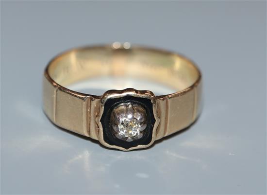 A Victorian yellow metal, diamond and black onyx? set mourning ring to W.H.W. 1851, size O.